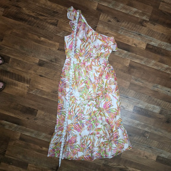 One Shoulder Maxi Dress M Tropical Summer Resortwear Belt Chiffon Wedding Guest - Picture 3 of 12